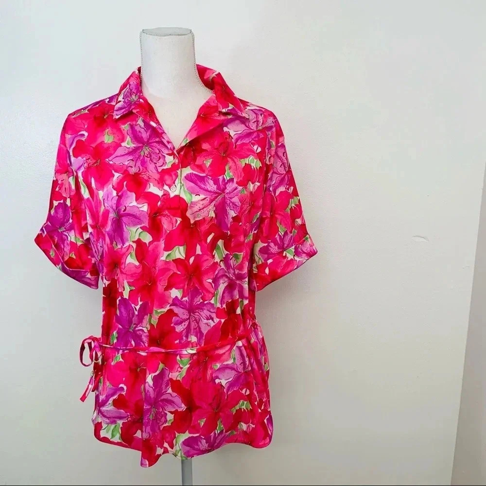 Vintage Pink Floral Blouse Large Pop Over Waist Tie Office Boho Classic USA